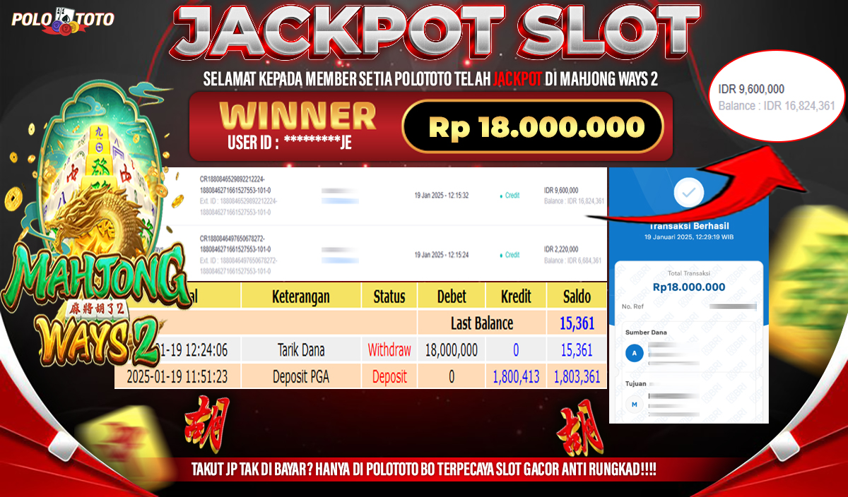 POLOTOTO JACKPOT SLOT MAHJONG WAYS 2 Rp.18,000.000,-