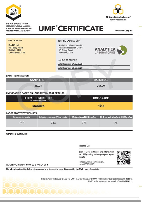 2021.01 beenz manuka honig umf zertifikat Los 20G25 englisch