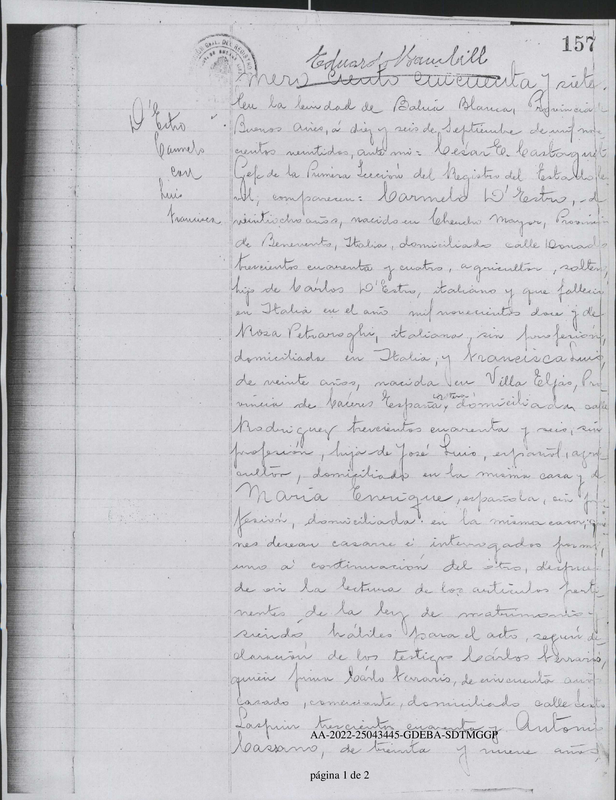 Partida de Matrimonio D´ESTRO - LUIS