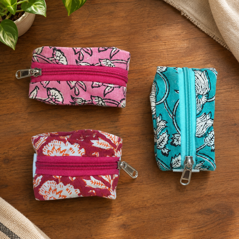 Qyaari by Penkraft Hand Block Printed Wrist Pouches – Set of 3 Pattern 2