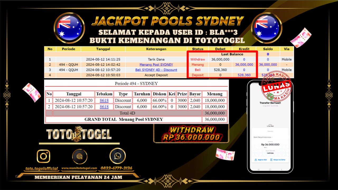 Bukti Pembayaran Permainan Pools Sydney Dengan ID : BLA***3 Terbayar Lunas!! 