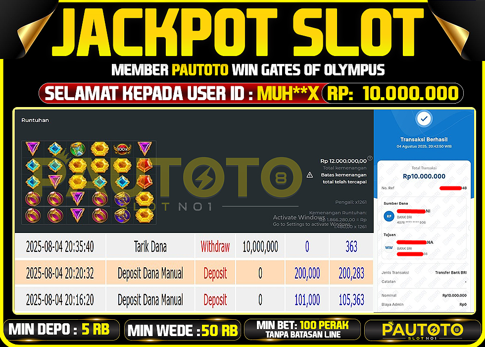 BUKTI PEMBAYARAN TGL 4 AGUSTUS2025 MENANG DI PERMAINAN GATES OF OLYMPUS TOTAL WD 10 JUTA
