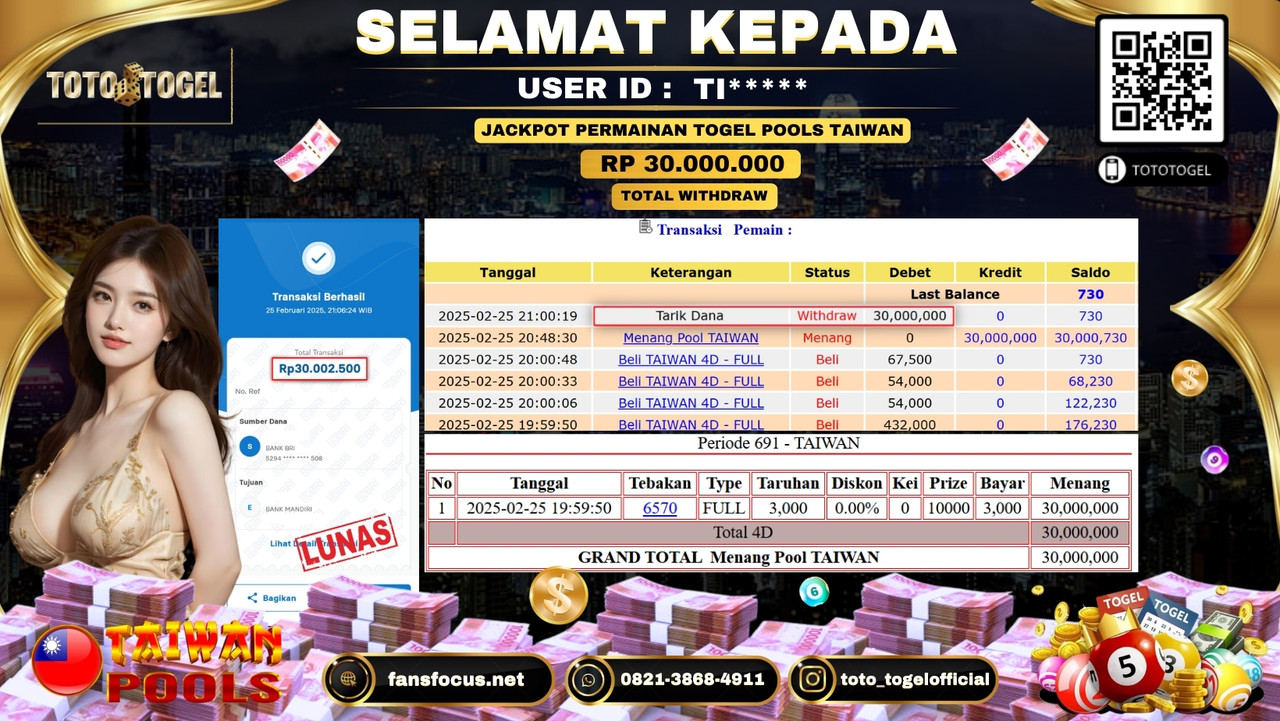 Bukti Pembayaran Jackpot  Permainan Togel Pools Taiwan  ID:TI***** LUNAS