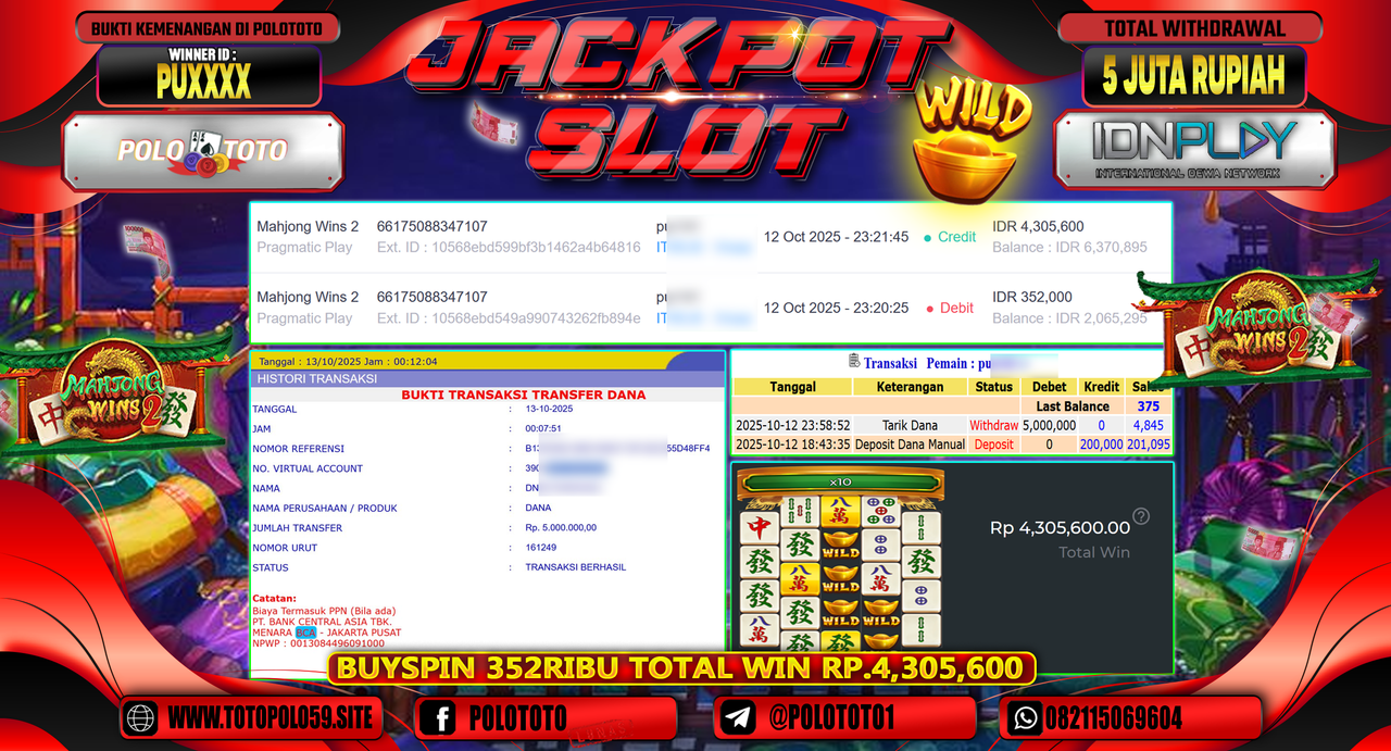 POLOTOTO JACKPOT SLOT MAHJONG WINS 2 Rp.5.000.000,- LUNAS