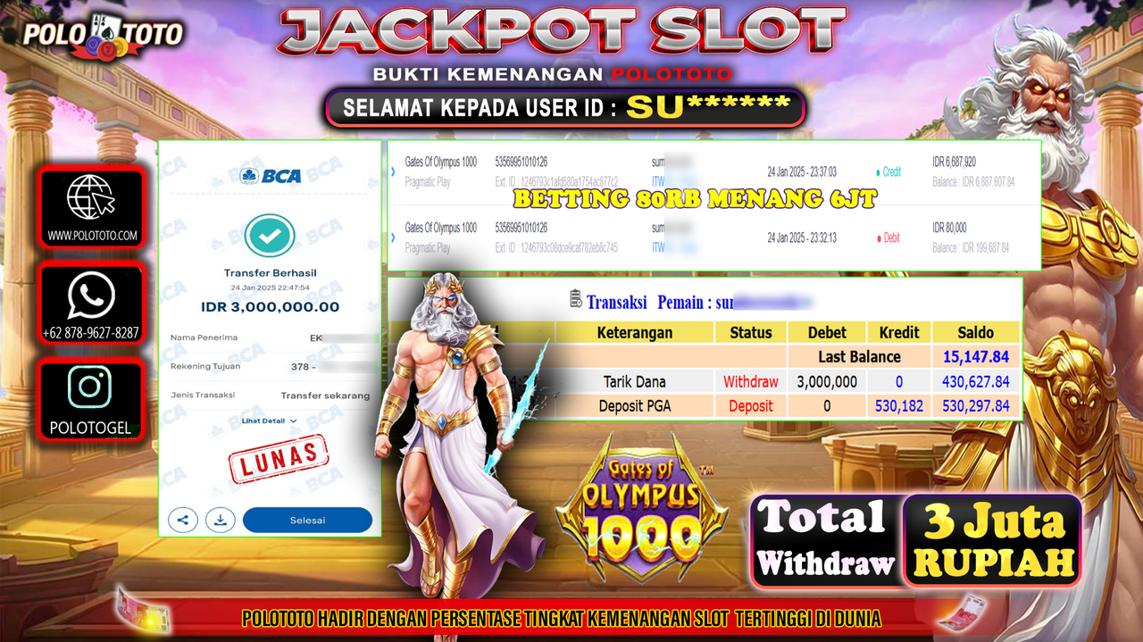 POLOTOTO JACKPOT SLOT GATES OF OLYMPUS 1000 Rp.3,000.000,-
