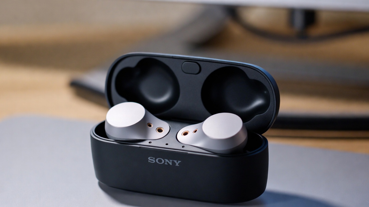 Sony WF-1000XM5 wireless earbuds in their charging case on a desk