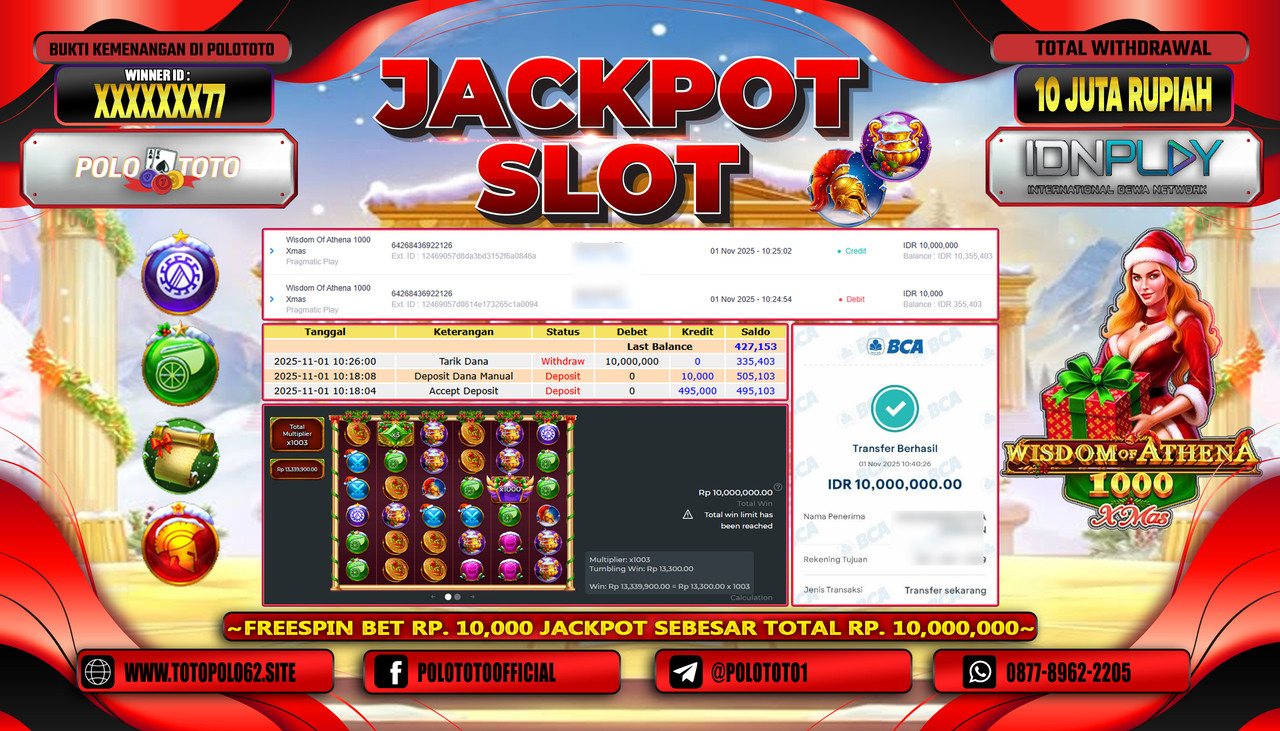 POLOTOTO JACKPOT SLOT WISDOM OF ATHENA 1000 XMAS Rp.10.000.000,- LUNAS