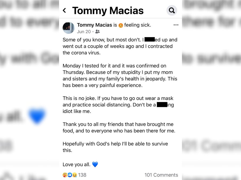 Thomas Macias menyampaikan penyesalannya karena menghadiri pesta di Facebook beberapa hari sebelum dia meninggal karena COVID-19. 