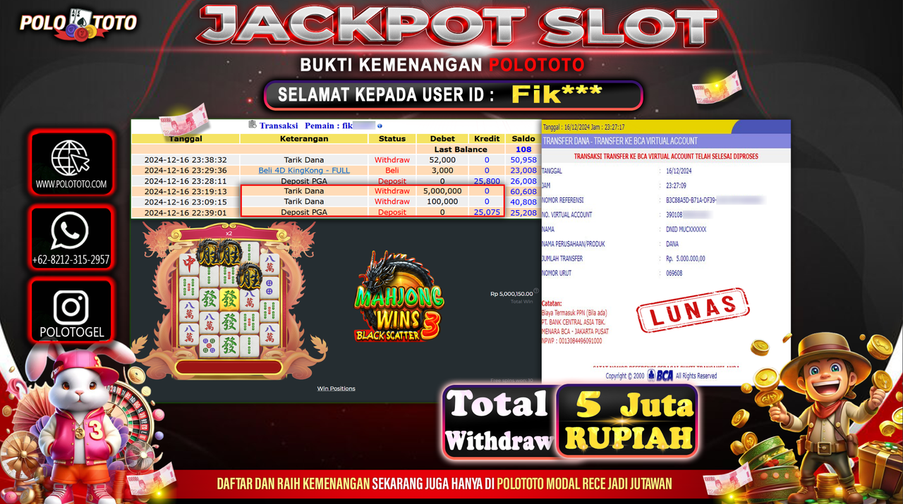 POLOTOTO JACKPOT SLOT MAHJONG WINS BLACK SCATTER 3 Rp.5,100.000,-