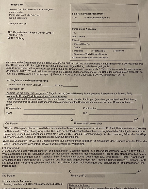 1N Telecom Inkasso über BID