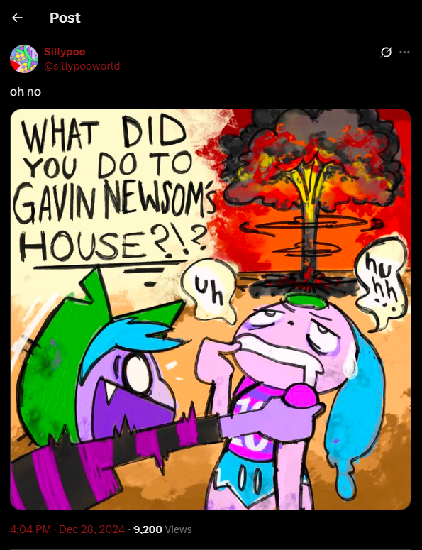 Twitter screenshot with part 1 of a 2 part comic where stupid is violently shaking an unresponsive poop asking what happened to Gavin Newsom's house and a mushroom cloud can be seen in the background
