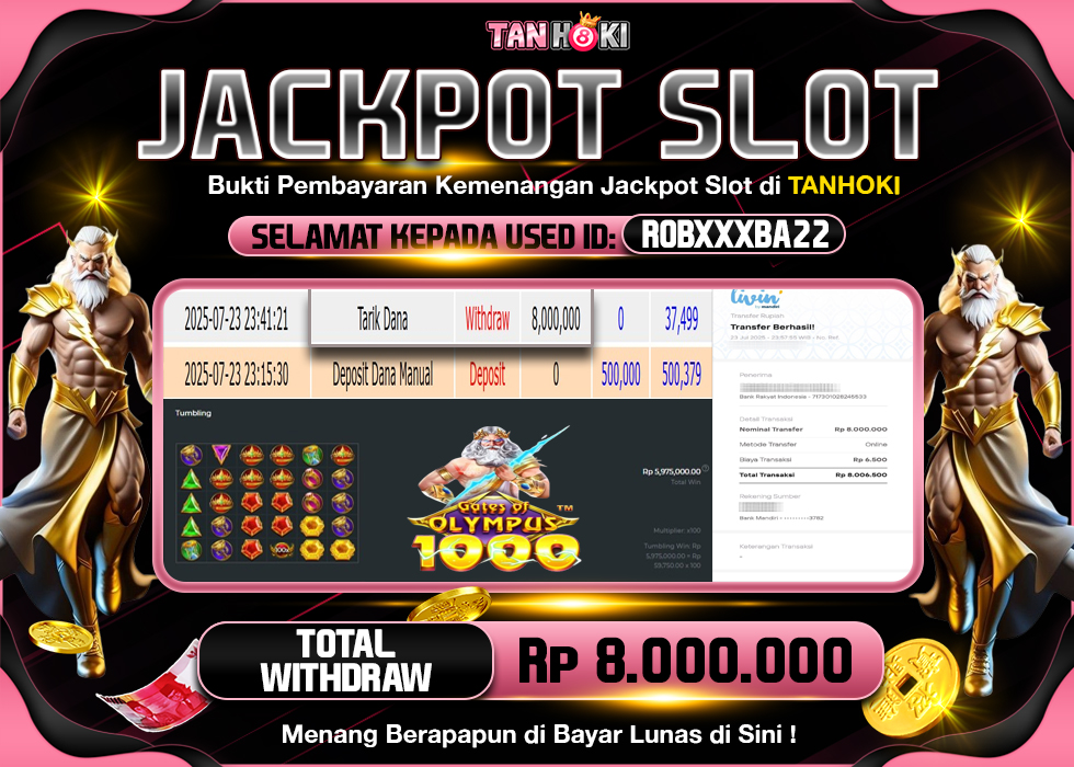 TANHOKI JACKPOT SLOT GATES OF OLYMPUS 1000 Rp.8.000.000,- LUNAS
