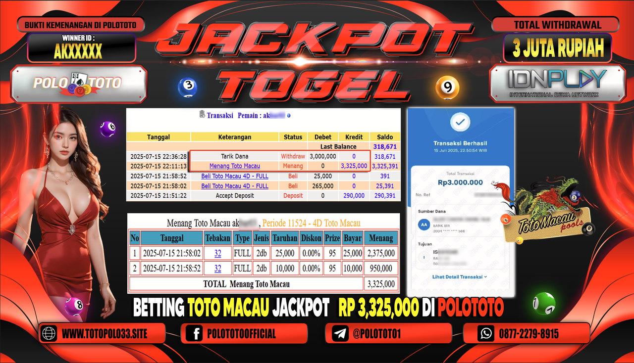 POLOTOTO JACKPOT TOGEL TOTO MACAU Rp.3.000.000,- LUNAS