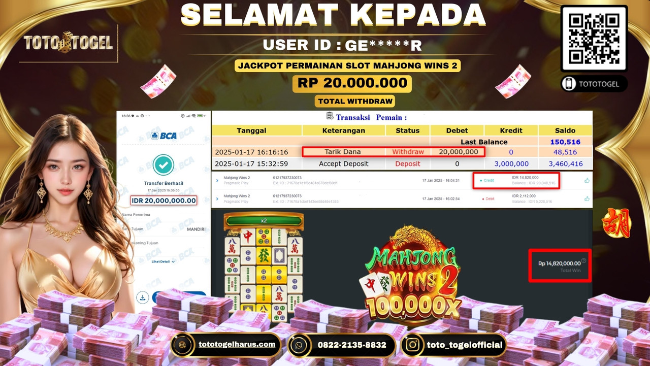 Bukti Pembayaran Jackpot  Permainan Slot Mahjong Wins 2  :GE****R  LUNAS