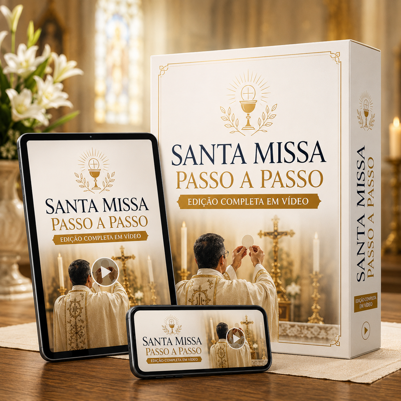 Mockup do curso em vídeo Santa Missa Passo a Passo