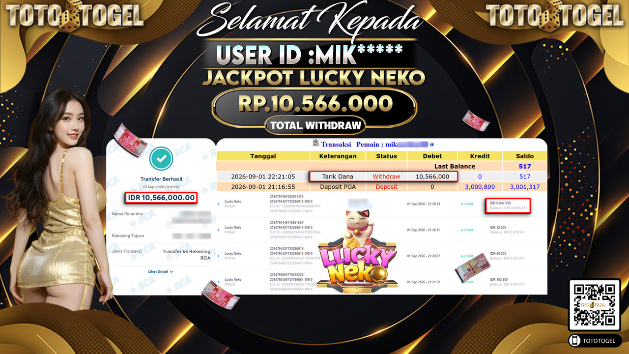 Bukti Pembayaran Jackpot Slot Lucky Neko ID:MIK*****LUNAS