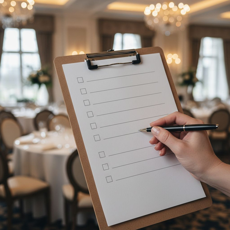 Организатор мероприятия сверяет чек-лист по аренде столов на фоне подготовленного банкетного зала.