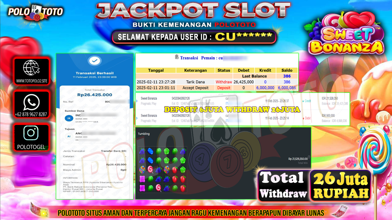 POLOTOTO JACKPOT SLOT SWEET BONANZA 1000 Rp.26.425.000,-