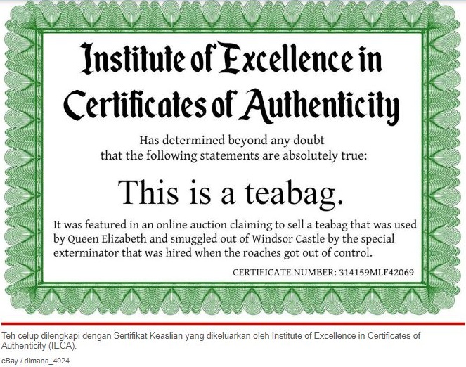 Sertifikat Keaslian dari kantong teh celup yang pernah digunakan oleh mendiang Ratu Elizabeth II
