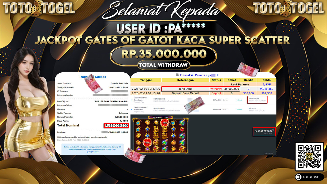 Bukti Pembayaran Jackpot Permainan Slot Gates Of Gatot Kaca Super Scatter ID:PA*****LUNAS