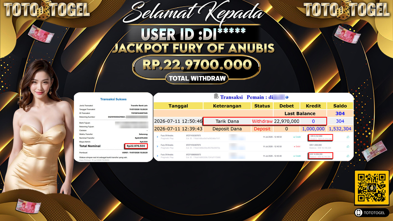 Bukti Pembayaran Jackpot Permainan SLOT FURY OF ANUBIS  ID:DI****LUNAS