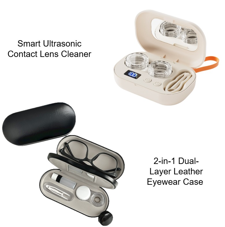 Premium Eye Care Travel Set: 2-in-1 Black Dual-Layer Leather Eyewear Case and Smart Ultrasonic Contact Lens Cleaner with Mirror & Lens Care Kit