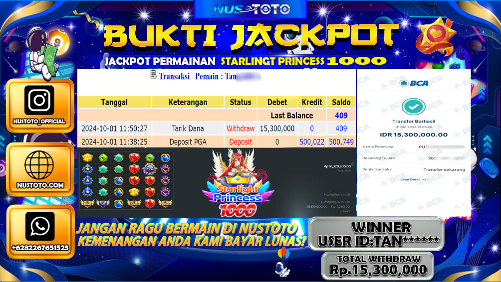 JACKPOT !! MENANG BESAR DI SLOT GAMES STARLIGHT PRINCESS  1000 Rp. 15.300.000 LANGSUNG DI BAYAR LUNAS NUSTOTO !!