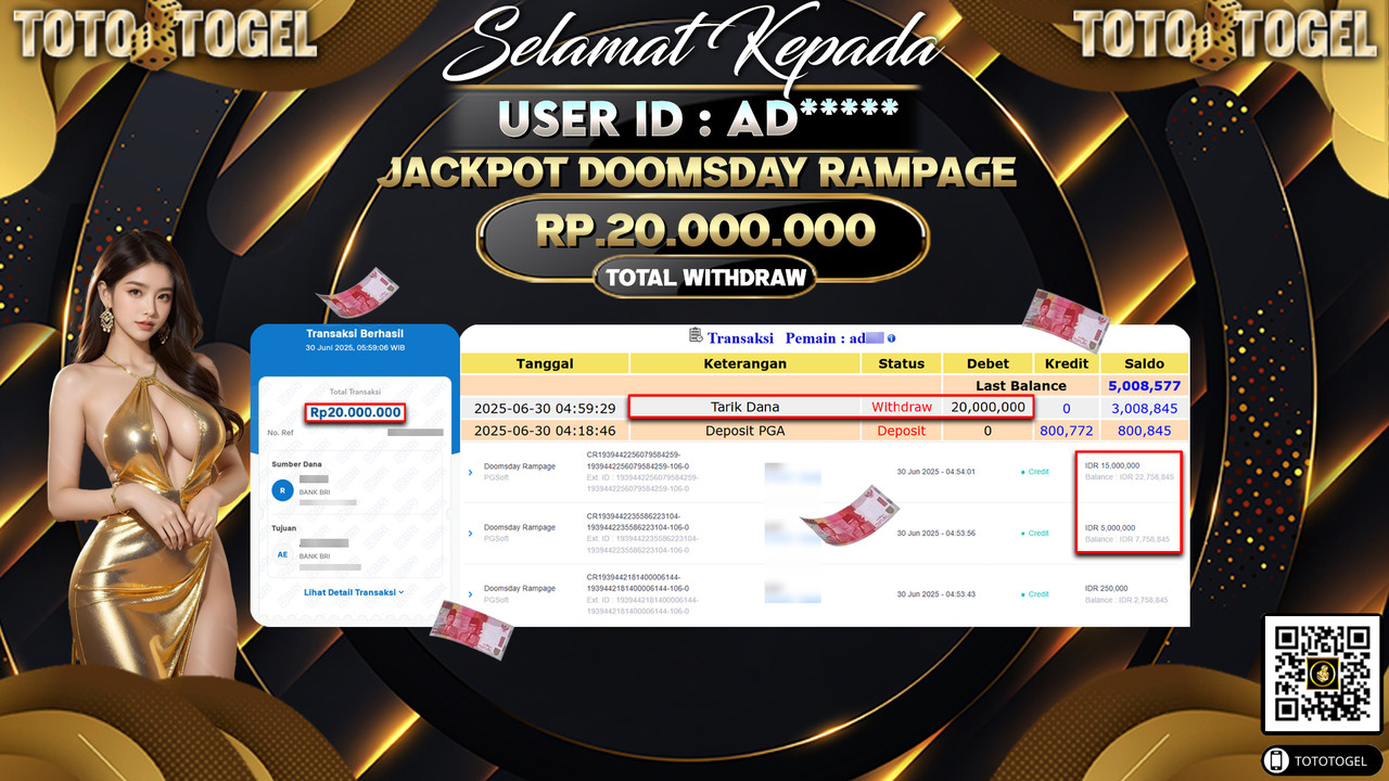Bukti Pembayaran Jackpot Permainan Slot Doomsday Rampage ID:AD***** LUNAS