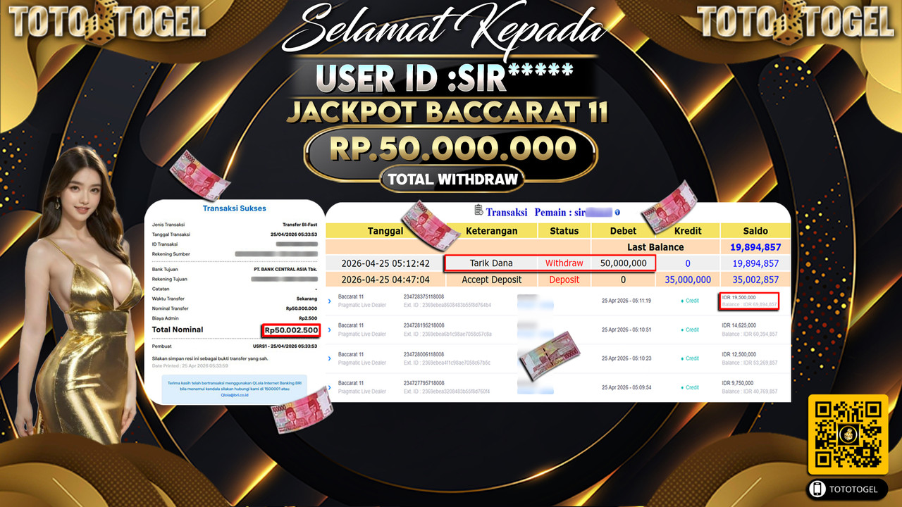 Bukti Pembayaran Jackpot Permainan Pp Baccarat 11 ID:SIR*****LUNAS