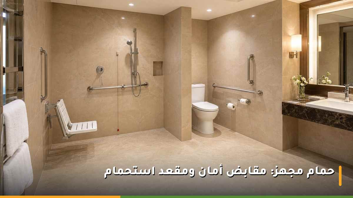 حمام فندقي مجهز لذوي الاحتياجات الخاصة بمقابض أمان ومقعد استحمام ودشّ أرضي بلا حاجز
