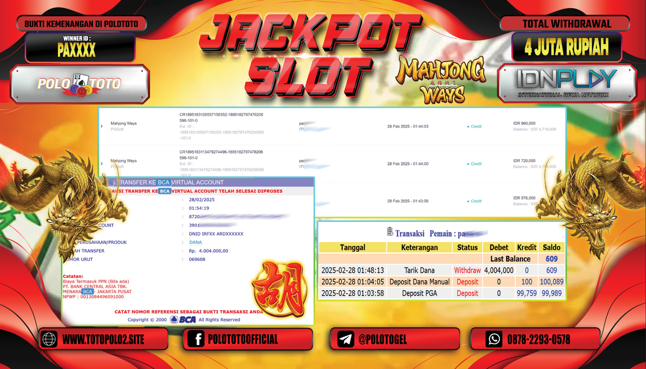 POLOTOTO JACKPOT SLOT MAHJONG WAYS Rp.4.004.000,-