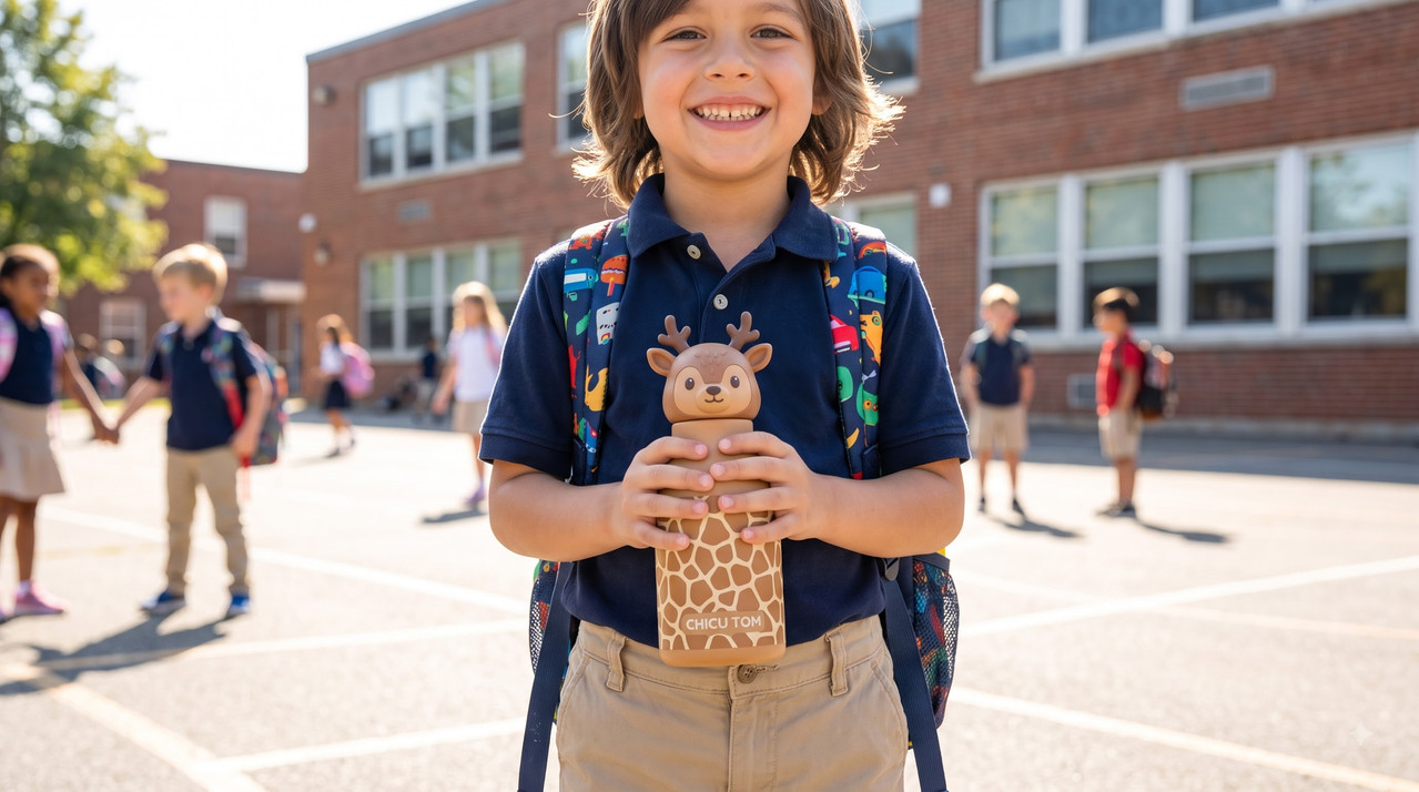 Child holding a school bottle