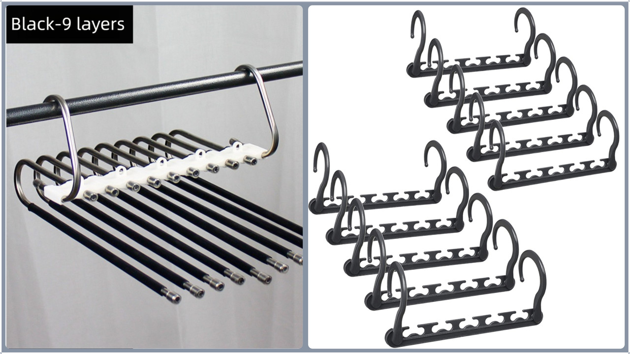 Ultimate Closet Space-Saver Set: 9-Tier Black Stainless Steel Retractable Pants Rack & 10-Pack Multi-Port Magic Hangers