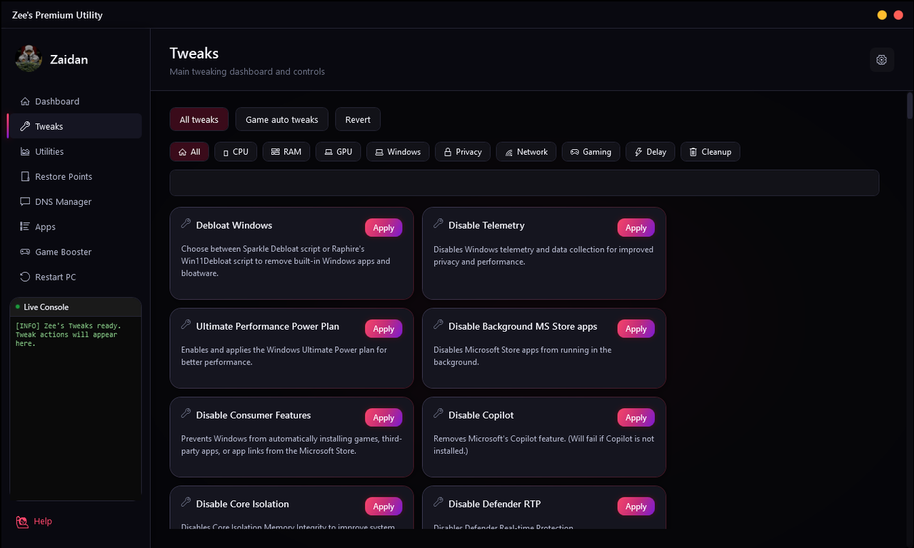 ZEE Premium Utility dashboard