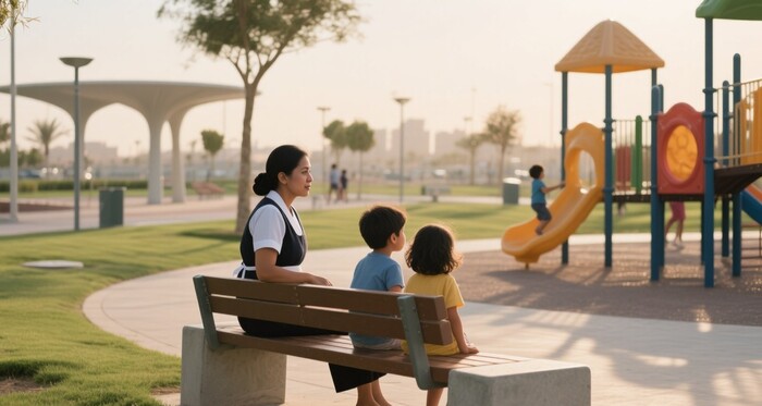 Filipina maid sits on a bench watching two children
