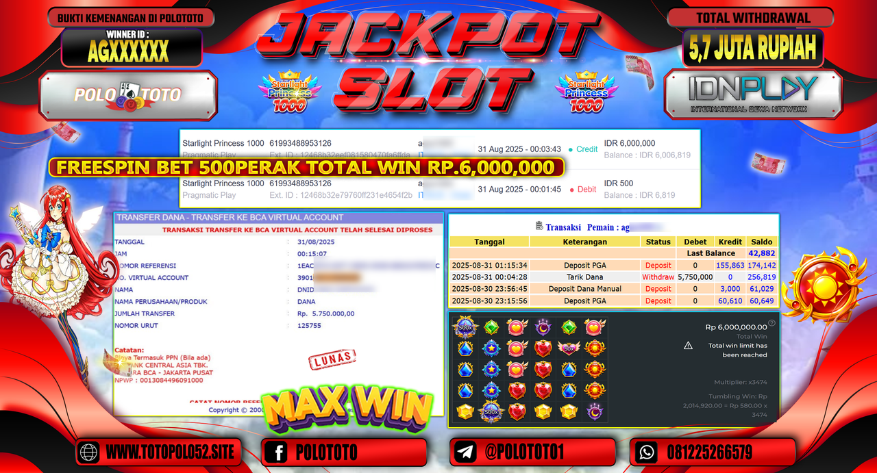 POLOTOTO JACKPOT SLOT STARLIGHT PRINCESS 1000 Rp.5.750.000,-