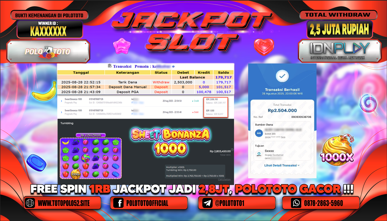 POLOTOTO JACKPOT SLOT SWEET BONANZA 1000 Rp.2.503.000,-