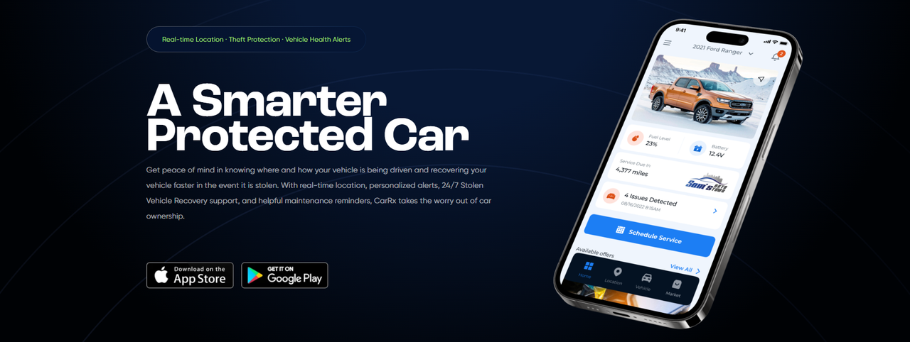Promotes Carrx app for vehicle protection, offering features like real-time location tracking, theft alerts, and maintenance reminders.
