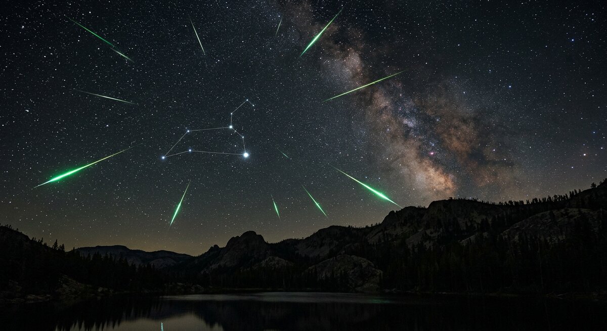 Green Leonid meteors over a night sky illustrating the Leonid meteor shower 2026 Green Leonid meteors over a night sky illustrating the Leonid meteor shower 2026