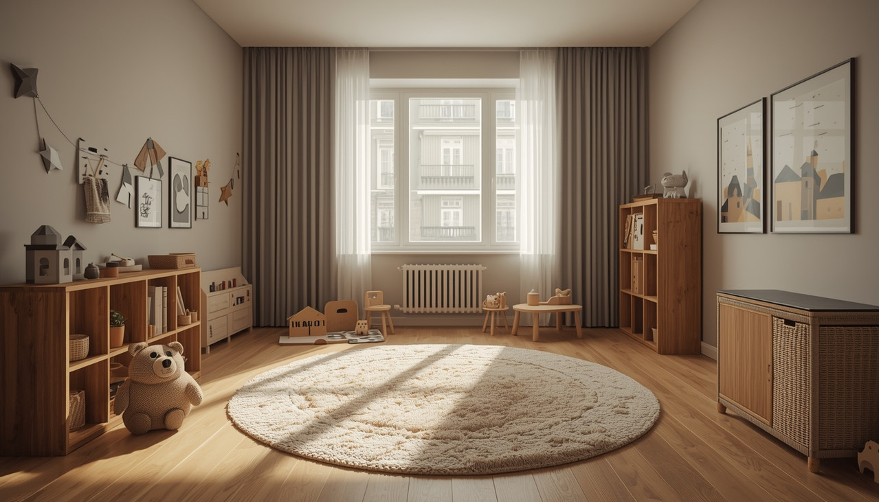 Ковер в современной детской комнате в российской квартире, объединяющий игровую и спальную зону