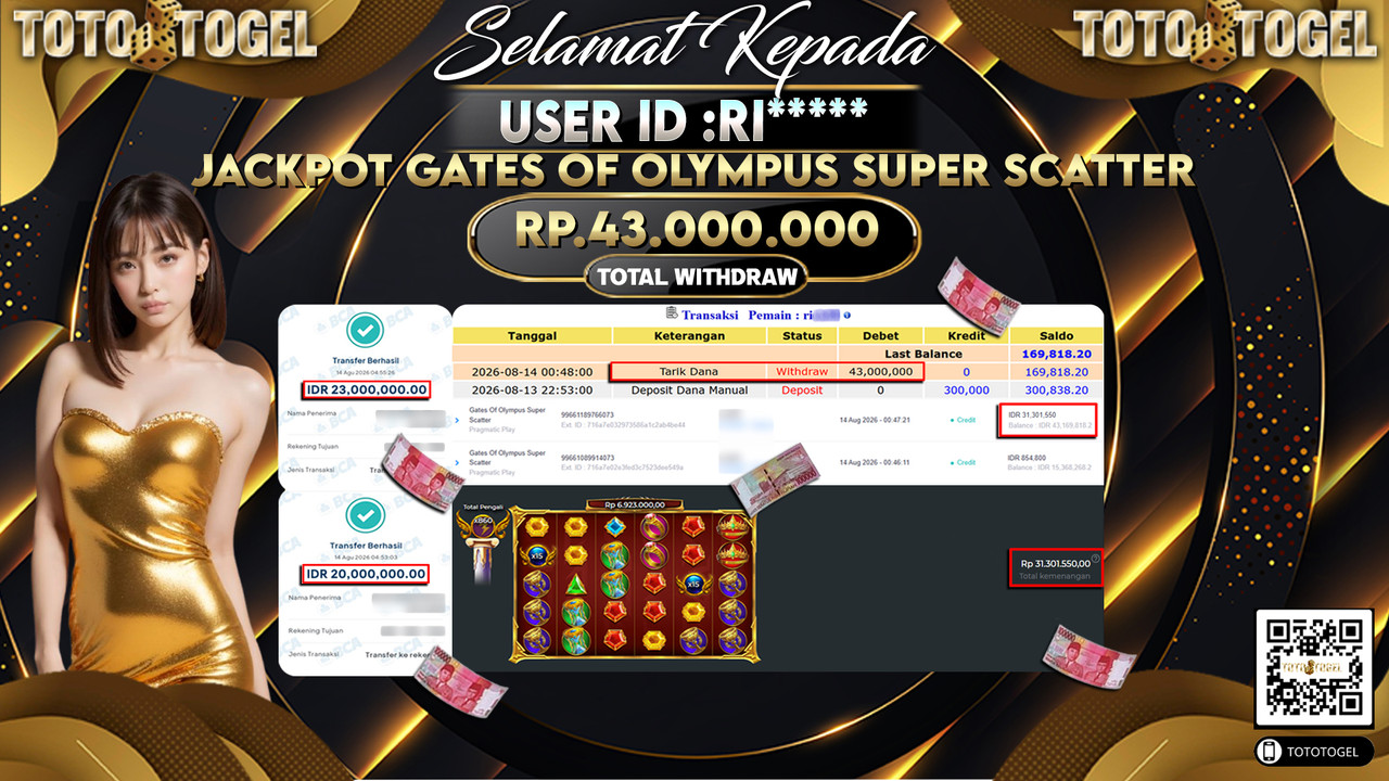 Bukti Pembayaran Jackpot Slot Gates Of Olympus Super Scatter ID:RI*****LUNAS