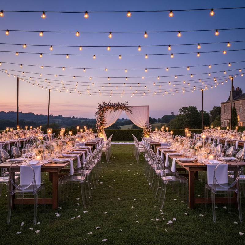 Пример элегантной мебели в аренду для организации выездного свадебного банкета на природе.