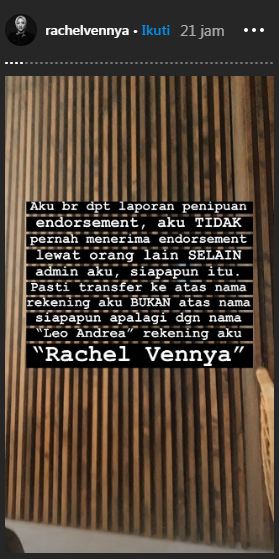 Klarifikasi Rachel Vennya di dalam instagram story