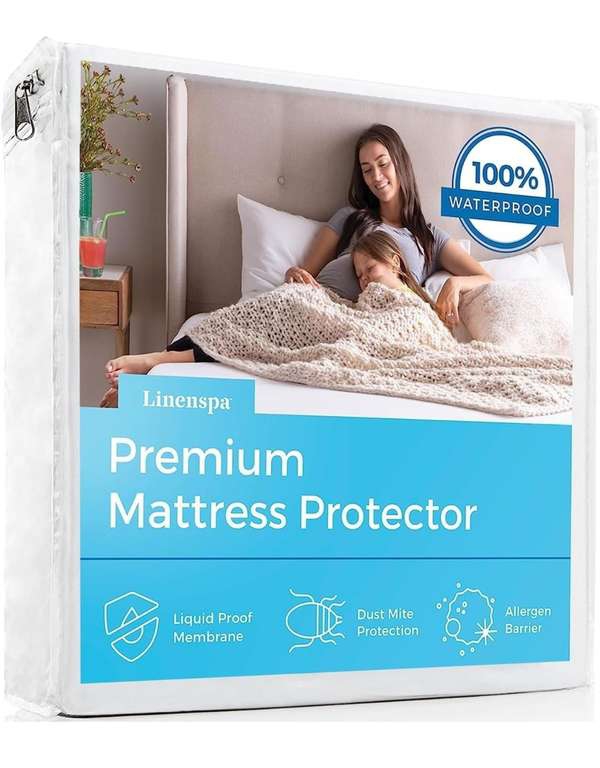 Amazon Linenspa - Protector para Colchón - Tela Suave y 100% Impermeable - Hipoalergénico, Protege Contra Manchas y Gérmenes - Tamaño: Queen 
