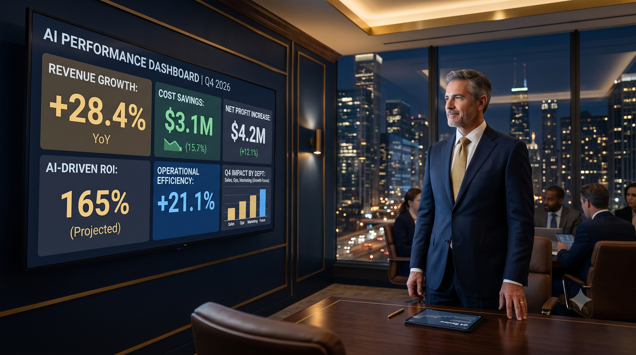 Business leader reviewing an AI dashboard showing revenue growth, cost savings, and ROI percentages in a modern boardroom. The shift from token-maxxing to value-maxxing in enterprise AI accountability era 2026. Professional corporate finance and AI strategy visualization.