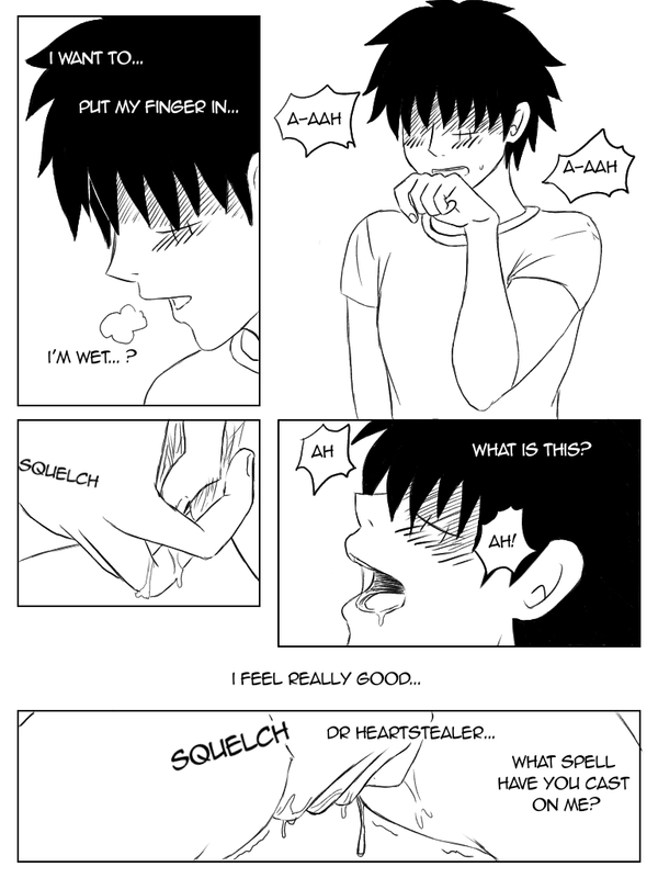Page 5. Awkwardly, Luffy touches himself intimately for the first time, lost in the sensations.