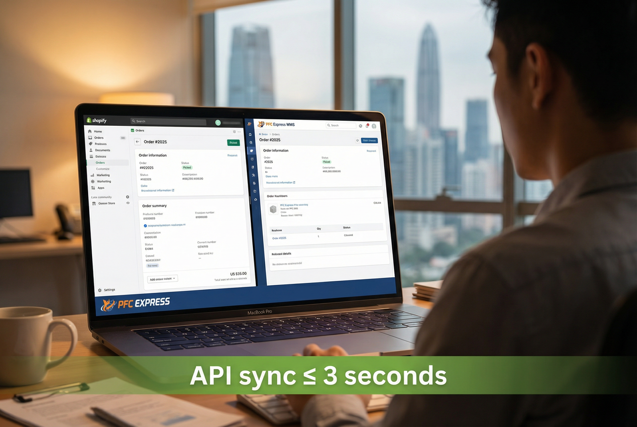 MacBook displaying Shopify admin panel and warehouse management system (WMS) split screen view showing real-time order sync and API integration