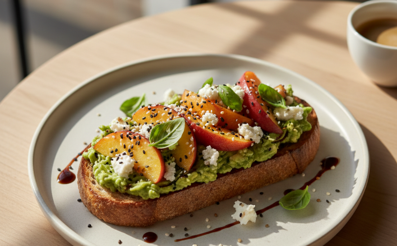 Avocado toast topped with peach slices, feta cheese, basil and sesame seeds