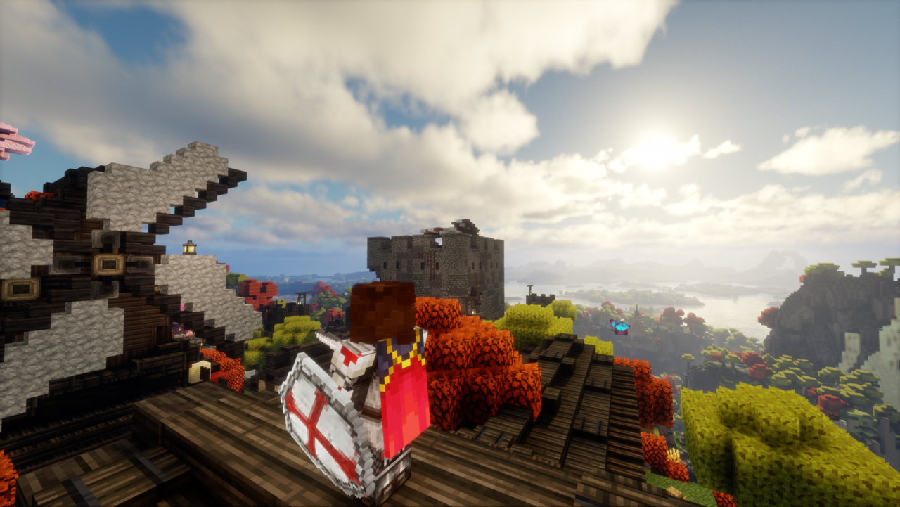 Knight staring in the distance with sword and crusader shield