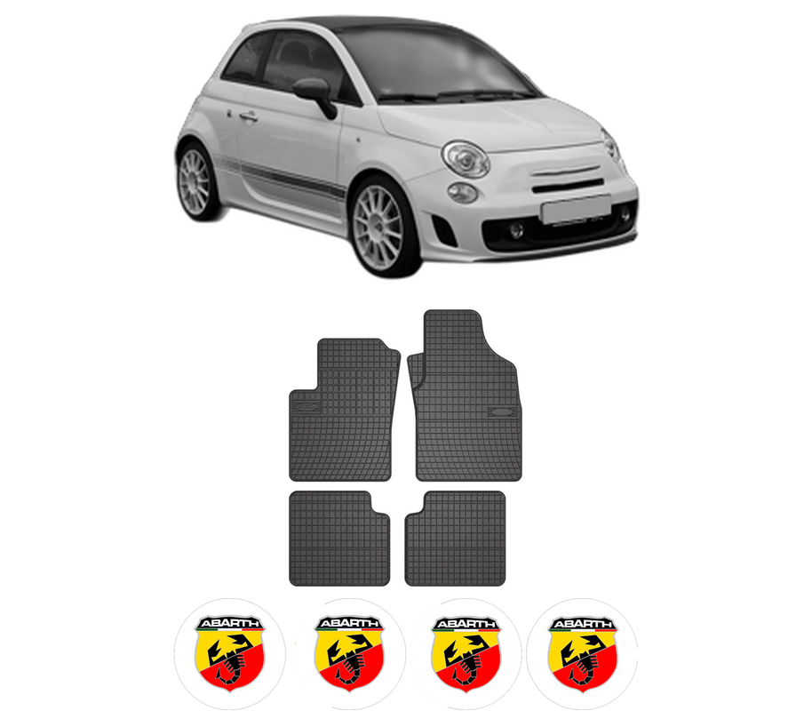 Set covorase presuri ABARTH 500C / 595C / 695C din 2009-2016, auto, din cauciuc thermoplastic, 4 Stickere auto cu ABARTH